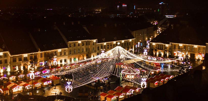 Christmas Market in Sibiu, Transylvania Romania. Beautifull sunset