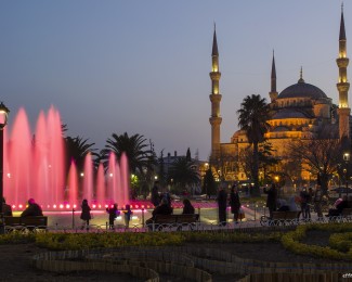 The gorgeous Blue Mosque at night in Istanbul Turkey