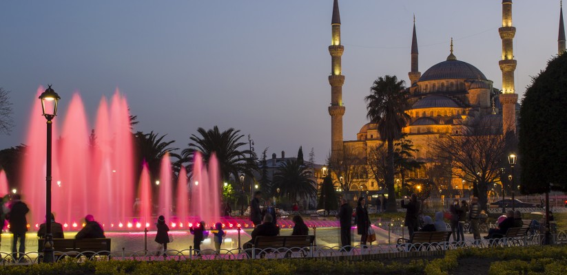 The gorgeous Blue Mosque at night in Istanbul Turkey